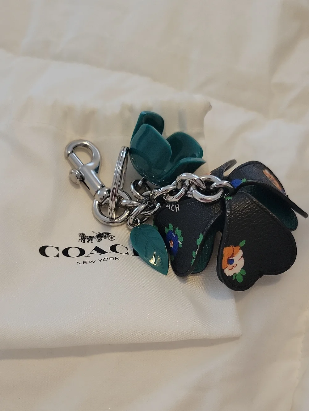 NWOT COACH Resin & Leather Tea Rose Keychain with Silver Hardware - Picture 2 of 11